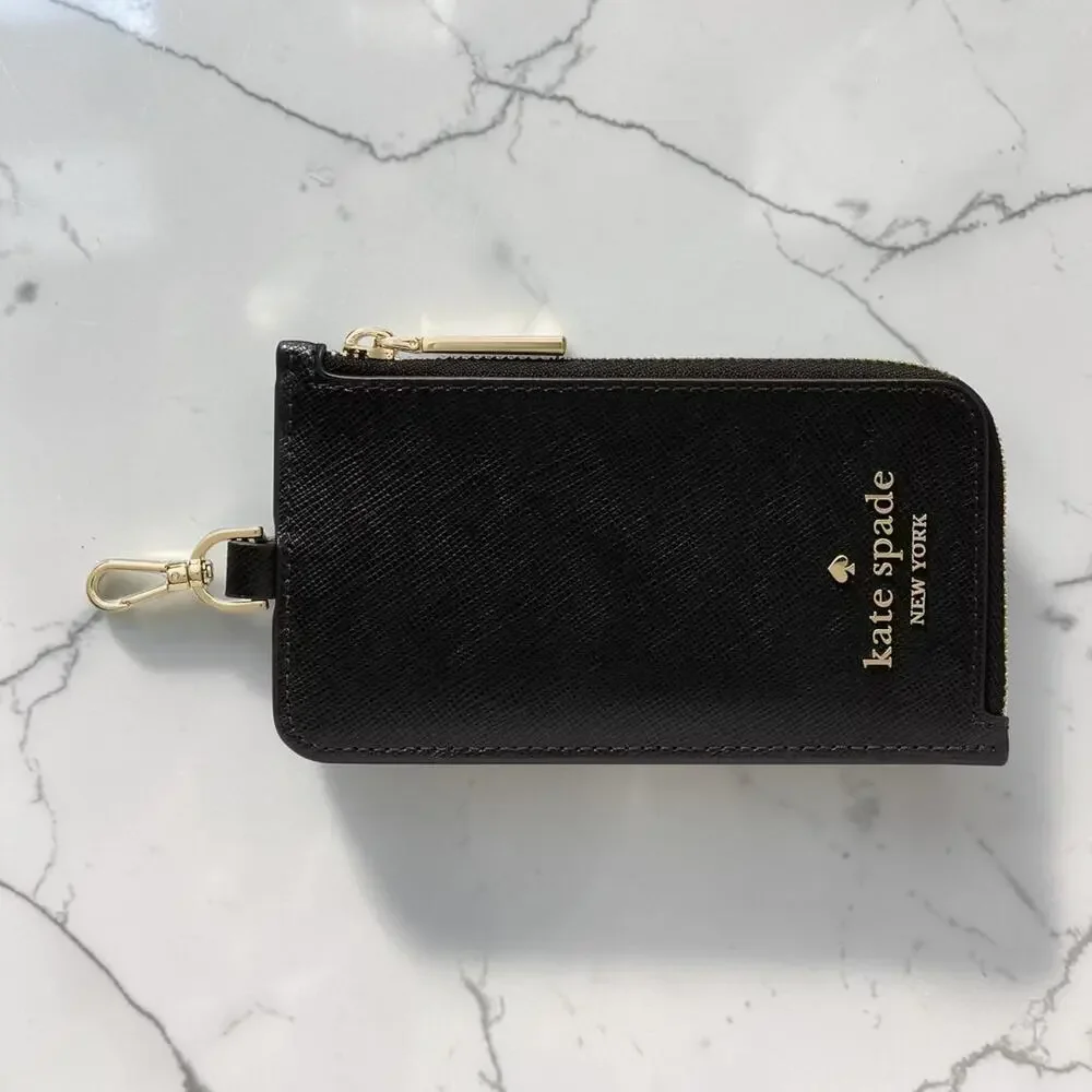 NWT Kate Spade Card Case Lanyard Black Leather ID Window Zip Wallet KN779 New